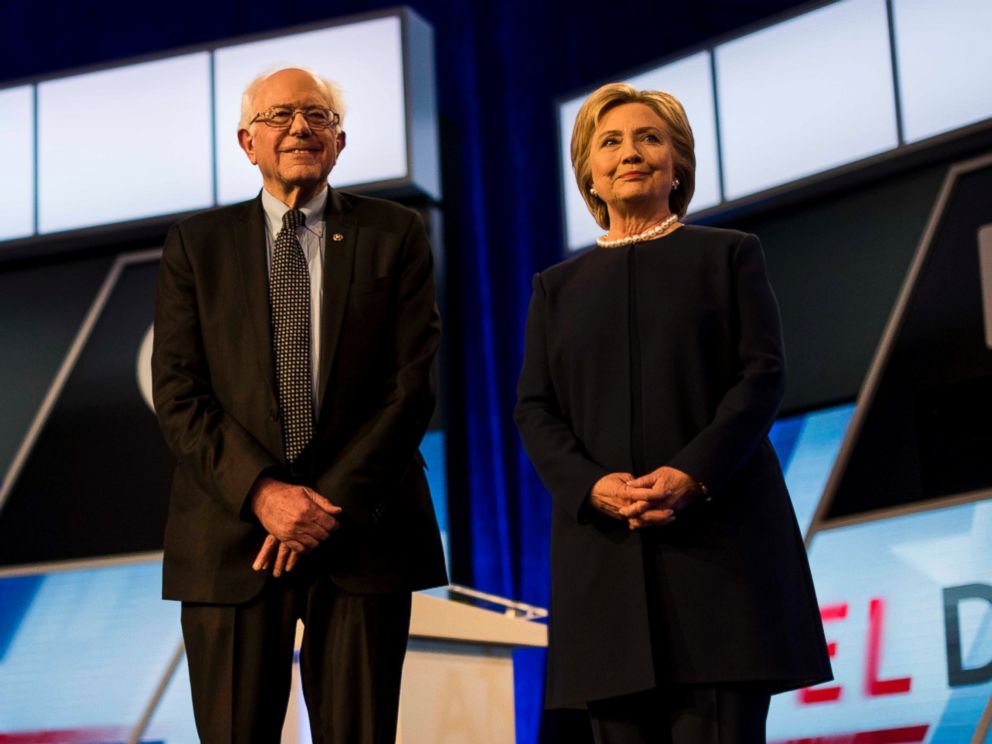 PHOTO:Hillary Clinton and Bernie Sanders participate in the Univision News and Washington Post Democratic Presidential Primary Debate, March, 9, 2016, in Miami.