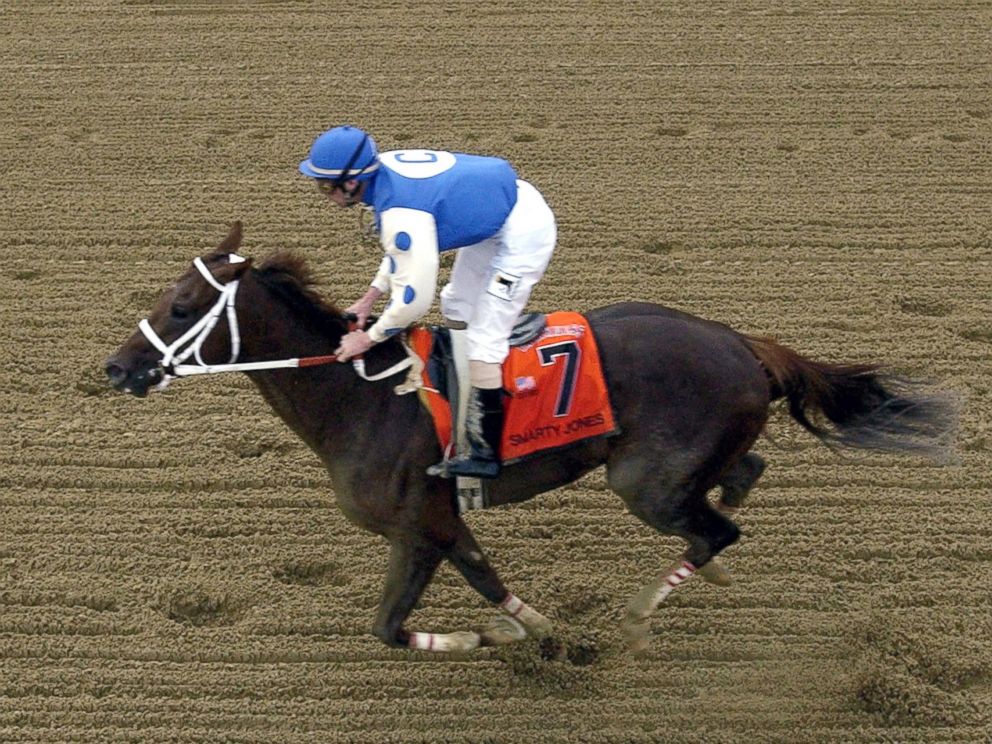 PHOTO: Smarty Jones, with jockey Stewart Elliott, crosses the finish line, May 15, 2004, at Pimlico Race Track in Baltimore, Maryland.