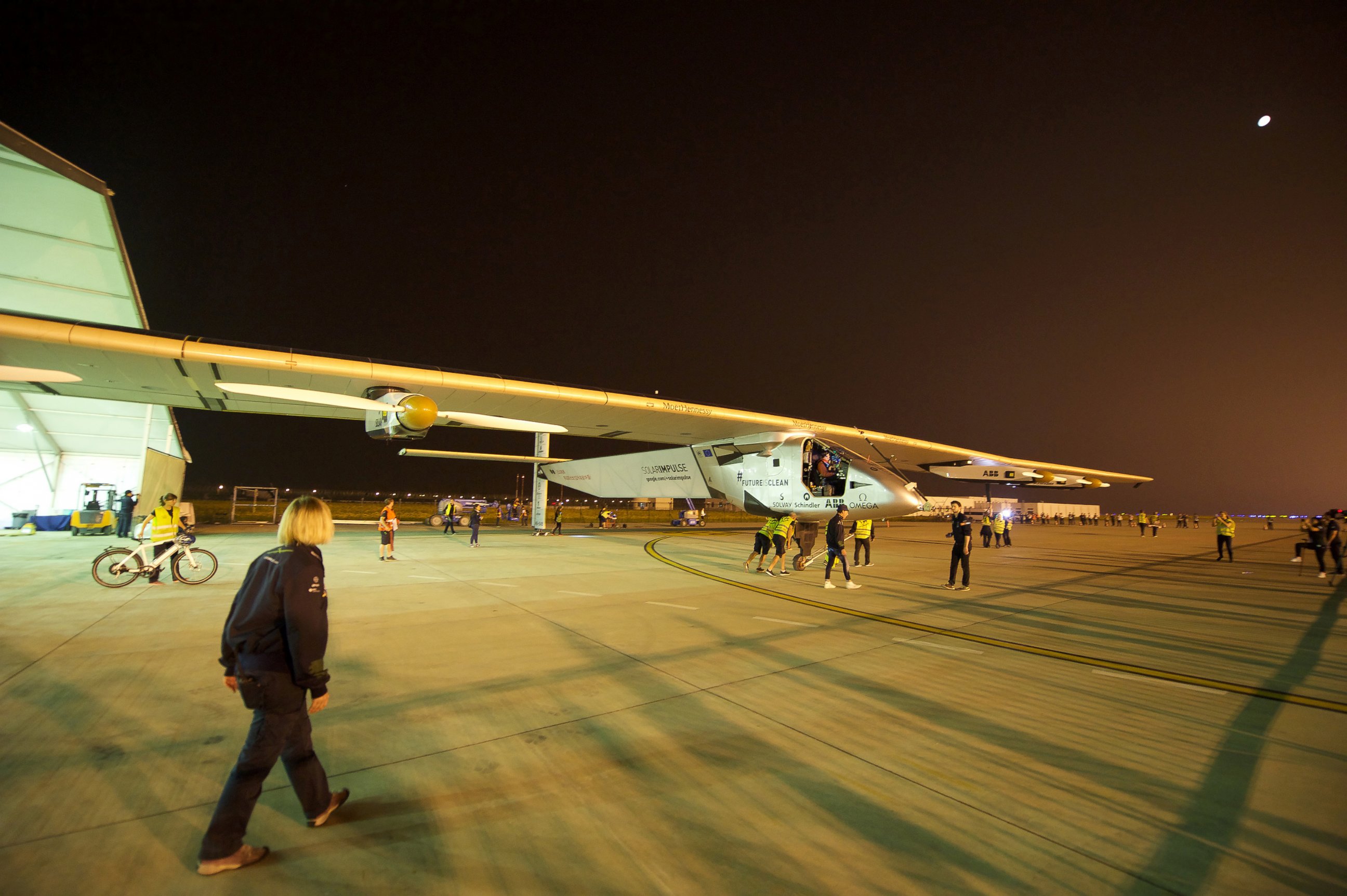 PHOTO: The Swiss-made solar-powered plane Solar Impulse 2 prepares to take off from Nanjing Lukou International Airport on May 31, 2015 in Nanjing, China.