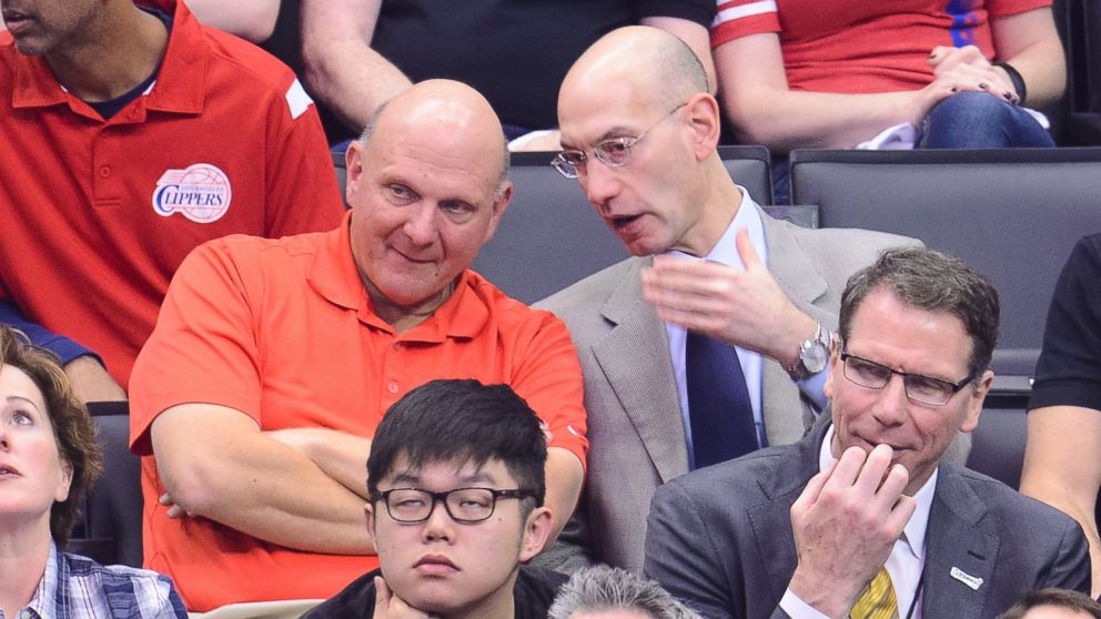 PHOTO: Steve Ballmer, left, and NBA Commissioner Adam Silver attend an NBA playoff game between the Oklahoma City Thunder and the Los Angeles Clippers at Staples Center on May 11, 2014 in Los Angeles, Calif. 