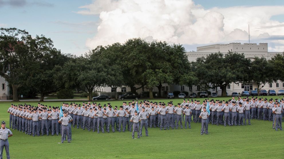 Citadel freshman cadets stand in formation during the oath ceremony on Aug. 19, 2013 in Charleston, South Carolina. The Citadel is a state military college which dates back to 1846.