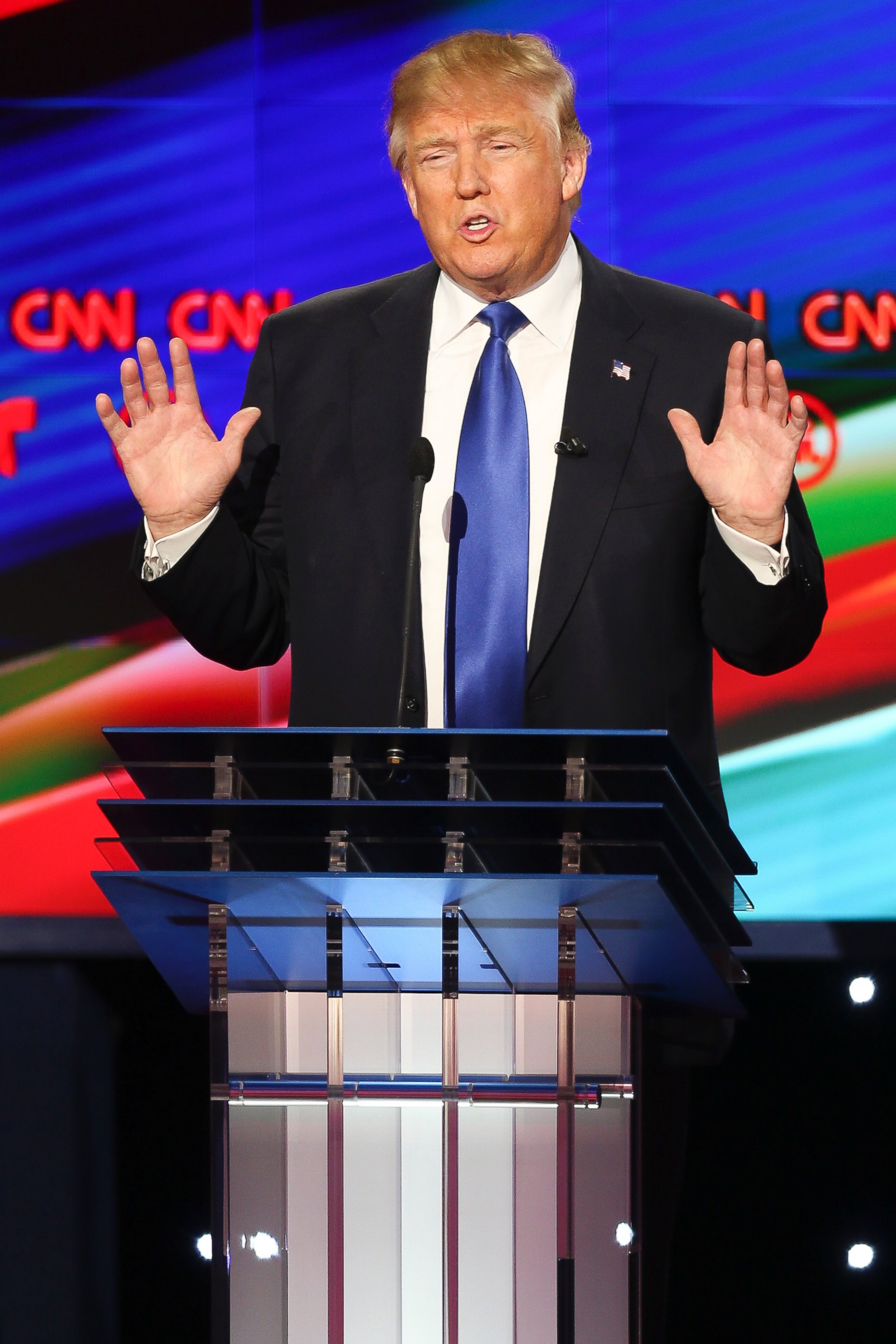 PHOTO: Donald Trump speaks during the Republican presidential debate, Feb. 25, 2016 in Houston, Texas.