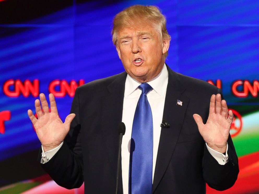PHOTO: Donald Trump speaks during the Republican presidential debate, Feb. 25, 2016 in Houston, Texas.