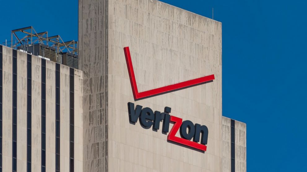 Verizon signage and logo is seen here on its building in New York.