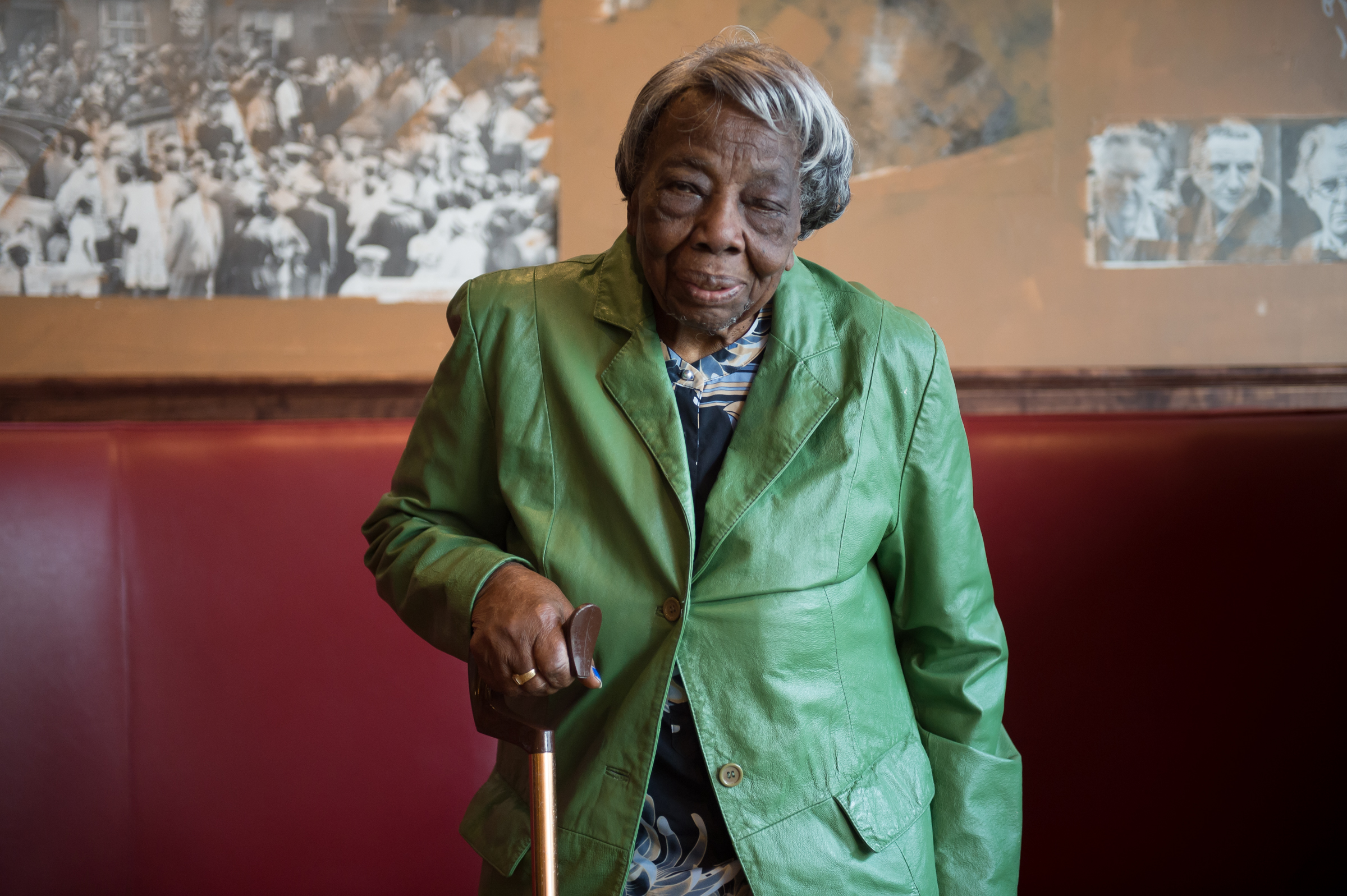 PHOTO: 106 year-old Virginia McLaurin is seen here in Busboys and Poets, Feb 22, 2016 in Washington. 
