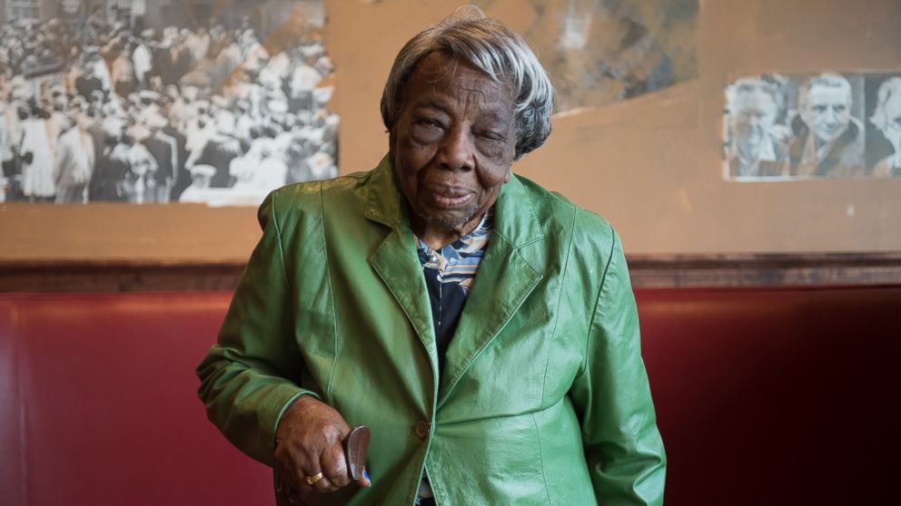PHOTO: 106 year-old Virginia McLaurin is seen here in Busboys and Poets, Feb 22, 2016 in Washington. 
