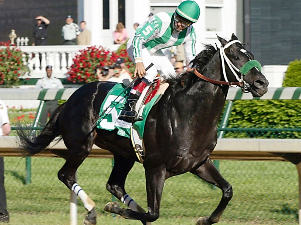 PHOTO: Jockey Victor Espinoza rides War Emblem to the finish line, winning the 128th Kentucky Derby, May 4, 2002, at Churchill Downs in Louisville, KY.