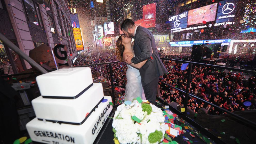 Monica and Alfredo Hernandez won a competition to become the first couple married in 2016 in Times Square in New York, Jan. 1, 2016.   