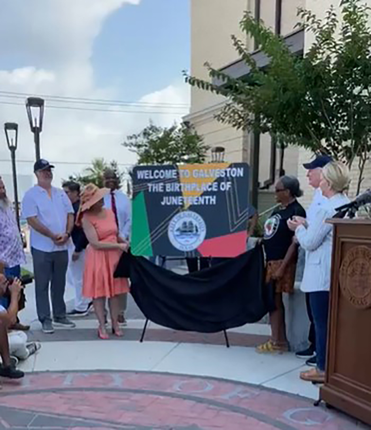 PHOTO: The City of Galveston unveiled a new welcome sign June 16, 2023 that will greet visitors to the island reading "Welcome to Galveston – Birthplace of Juneteenth."