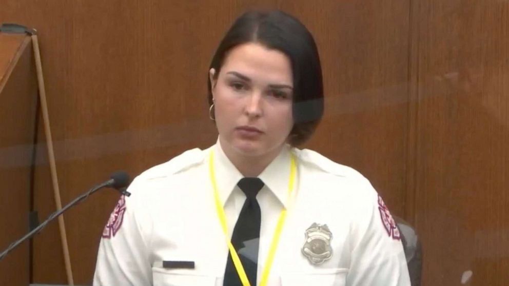 PHOTO: Minneapolis firefighter Genevieve Hansen testifies in the trial of former Minneapolis police officer Derek Chauvin, March 30, 2021, in Minneapolis. 