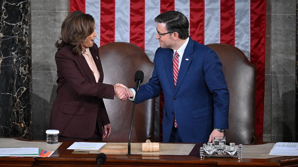 PHOTO: Vice President Kamala Harris shakes hands with Speaker of the House Mike Johnson as they arrive for a joint session of Congress to certify the results of the 2024 Presidential election at the Capitol, Jan. 6, 2025, in Washington