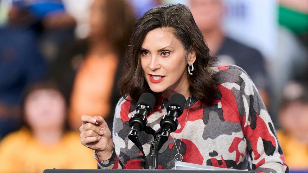 PHOTO: Michigan Governor Gretchen Whitmer speaks at a campaign event for Vice President and Democratic presidential candidate Kamala Harris at the Dort Financial Center in Flint, Michigan, Oct. 4, 2024.