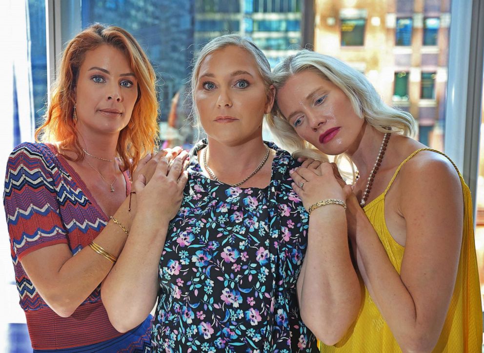 PHOTO: Victims of Jeffrey Epstein, from left, Sarah Ransome, Virginia Roberts Giuffre, and Marijke Chartouni find support in each other after having met at an emotional court hearing for victims of Epstein, Aug. 27, 2019.