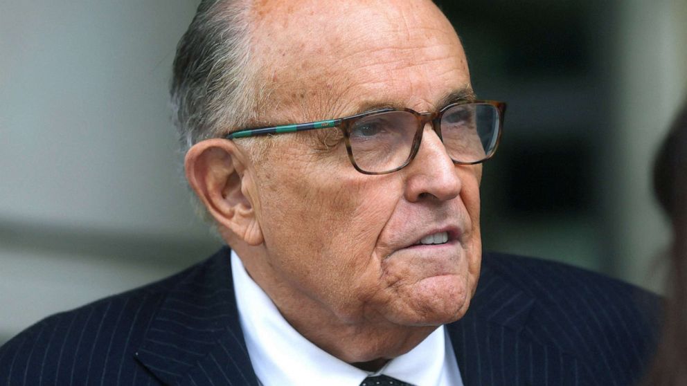 PHOTO: Former New York City Mayor Rudy Giuliani, an attorney for former President Donald Trump during protests against the 2020 election results, leaves US District Court after attending a hearing in federal court in Washington, DC, May 19, 2023.