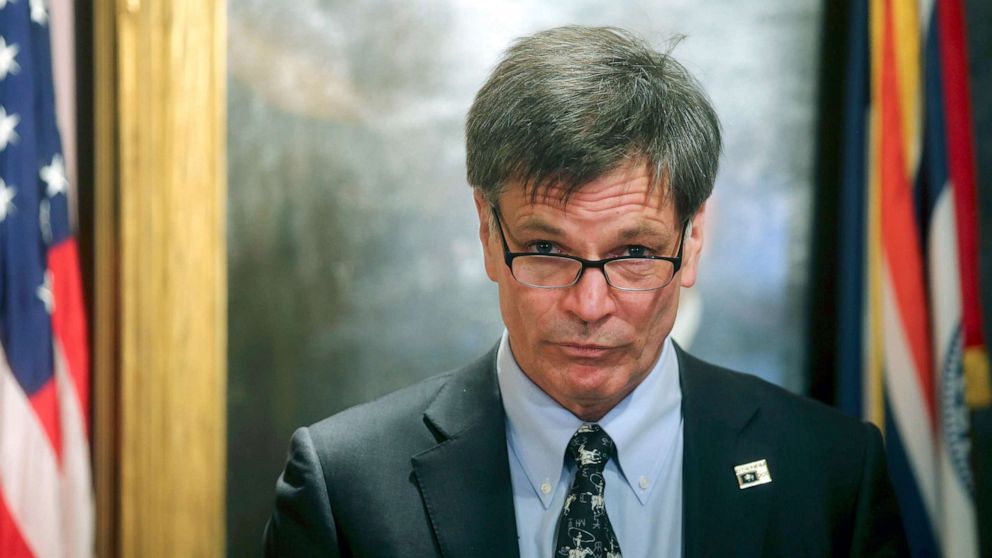PHOTO: Wyoming Gov. Mark Gordon speaks during a press conference in Cheyenne, Wyo., March 21, 2019.