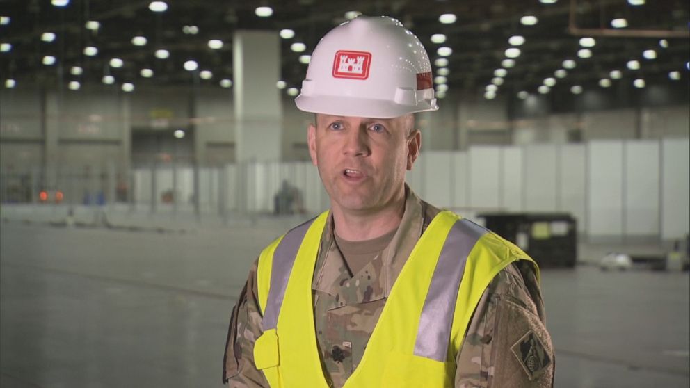 PHOTO:  Lt. Col. Greg Turner, of the U.S. Army Corps of Engineers, Detroit District, is leading the buildout of a tent hospital at the TCF Convention Center.
