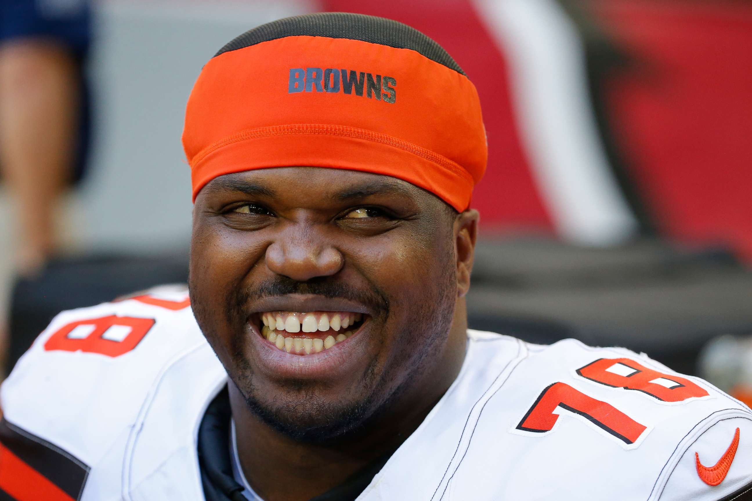 PHOTO: FILE - In this Dec. 15, 2019, file photo, Cleveland Browns offensive tackle Greg Robinson smiles during an NFL game. Robinson was being held Wednesday, Feb. 19, 2020,  in a Texas jail on a pending drug distribution charge from a federal agency.