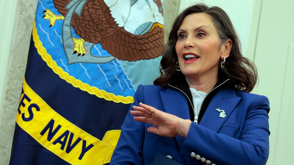 PHOTO: Michigan Gov. Gretchen Whitmer speaks as President Donald Trump signs executive orders in the Oval Office of the White House, April 9, 2025 in Washington.