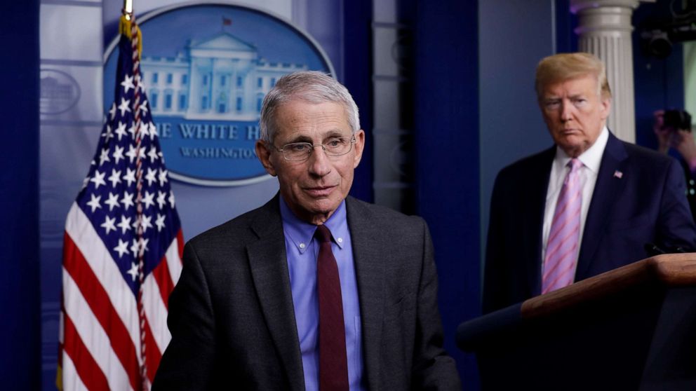 PHOTO: National Institute of Allergy and Infectious Diseases director Dr. Anthony Fauci turns the podium over to U.S. President Donald Trump during the coronavirus response daily briefing at the White House in Washington, U.S., April 10, 2020. 