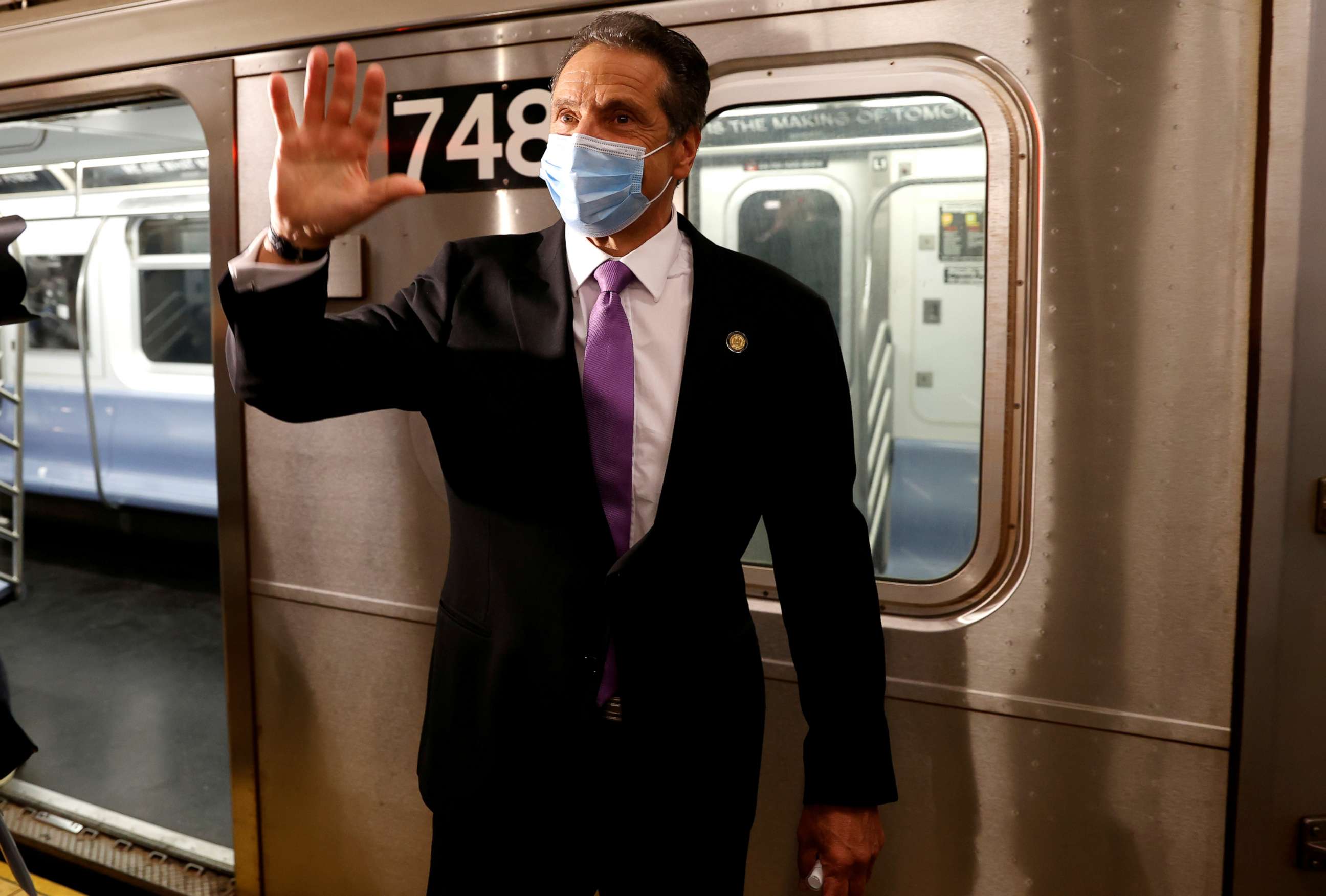 PHOTO: New York Governor Andrew Cuomo exits a #7 Subway train in Manhattan on the first day of New York City's phase one reopening during the outbreak of coronavirus in New York, June 8, 2020.