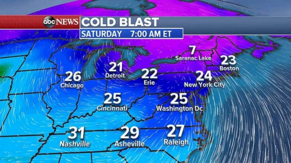 A cold blast is expected in the Midwest and Northeast on Friday and Saturday.