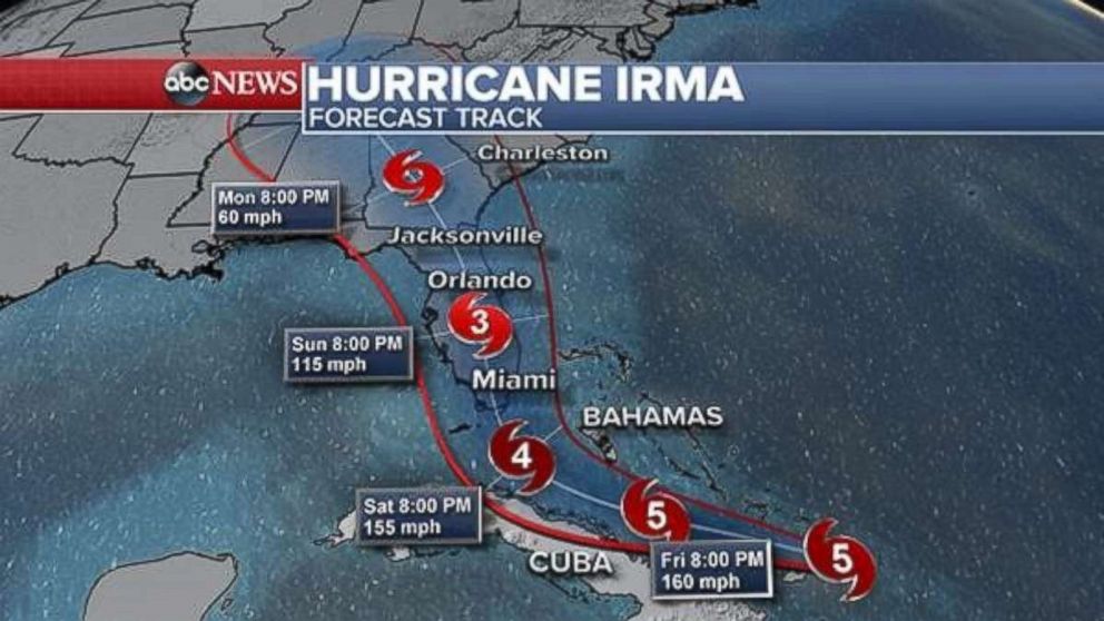 The latest projections on Thursday, Sept. 7, 2017 show Hurricane Irma will approach South Florida late Saturday or early Sunday.