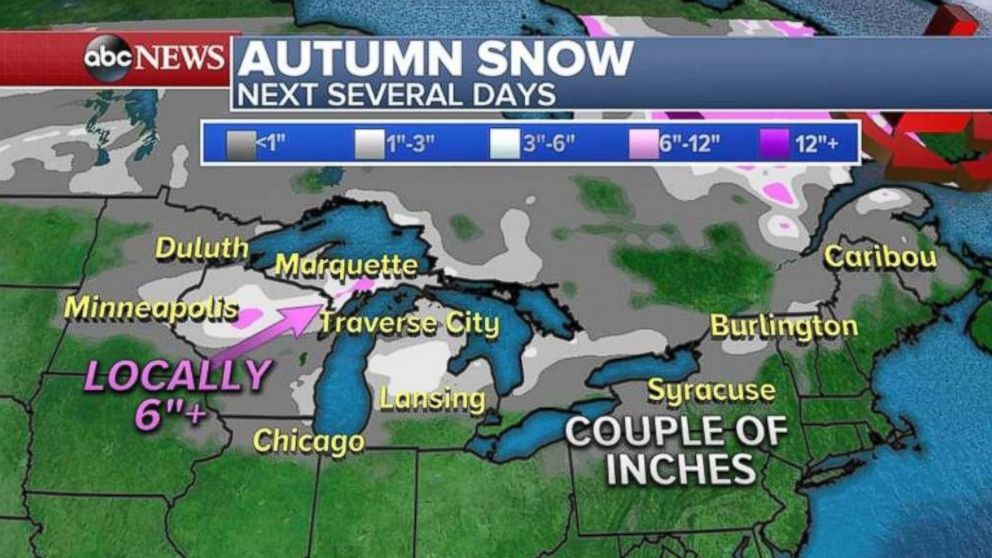 Snowfall around the Great Lakes could reach 6 inches or more in some areas.