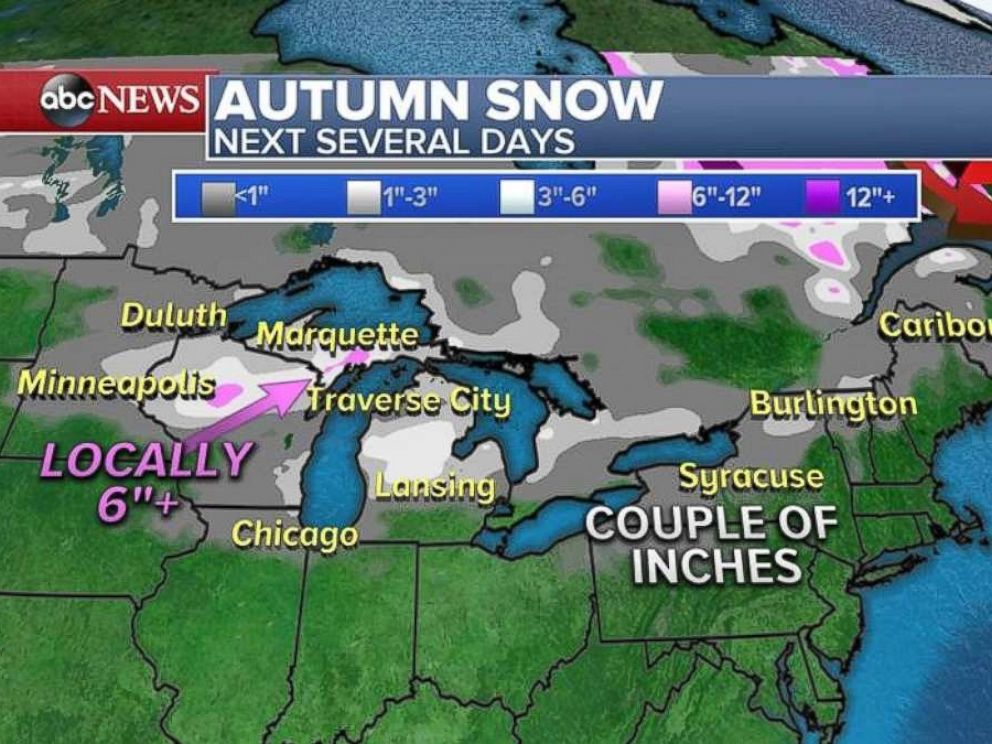 Snowfall around the Great Lakes could reach 6 inches or more in some areas.