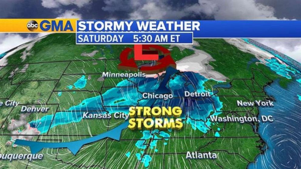 The stormy weather will move into the Great Lakes area by Saturday morning.