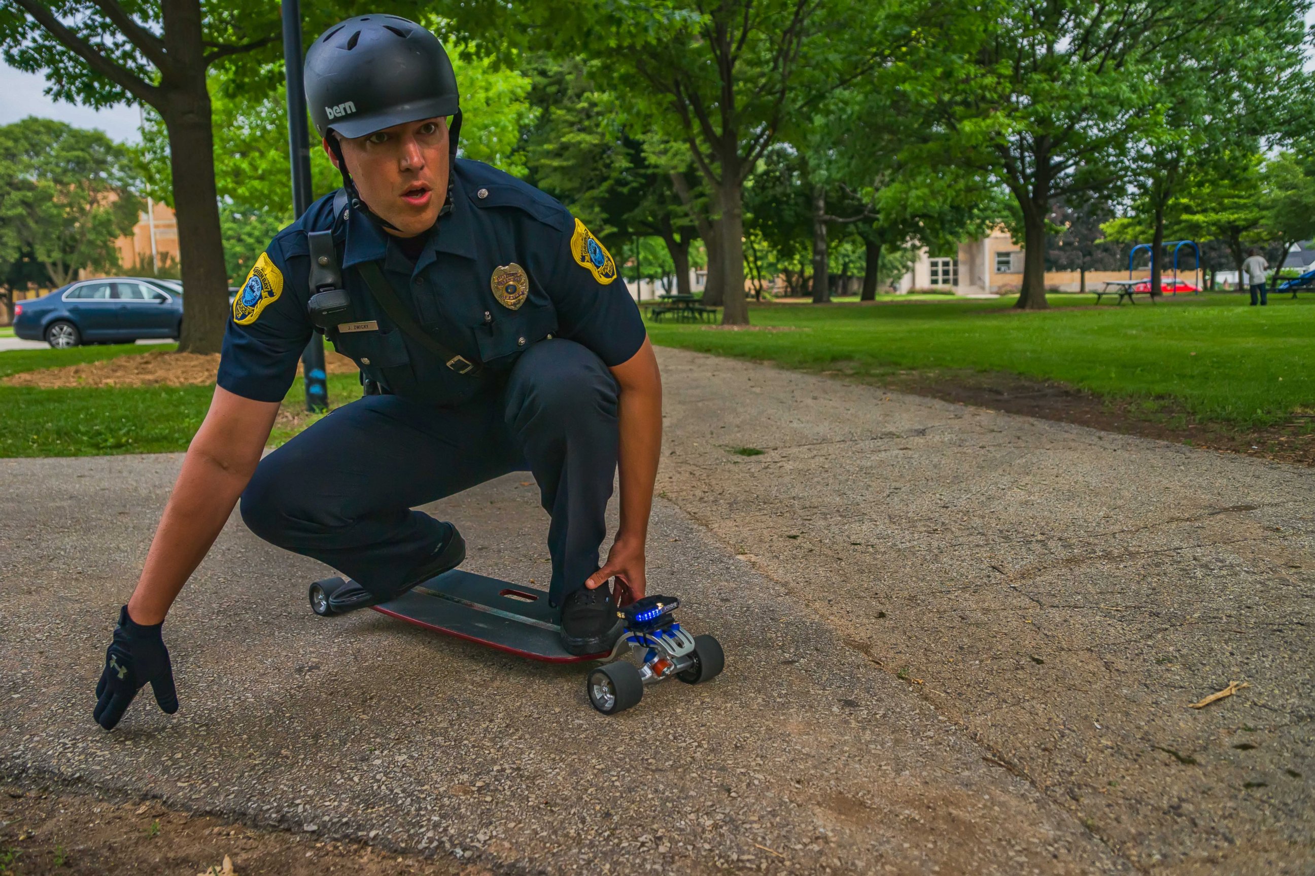 PHOTO: Patrol Officer Joel Zwicky of the Green Bay Police Department turns heads when he does patrols on his longboard. 