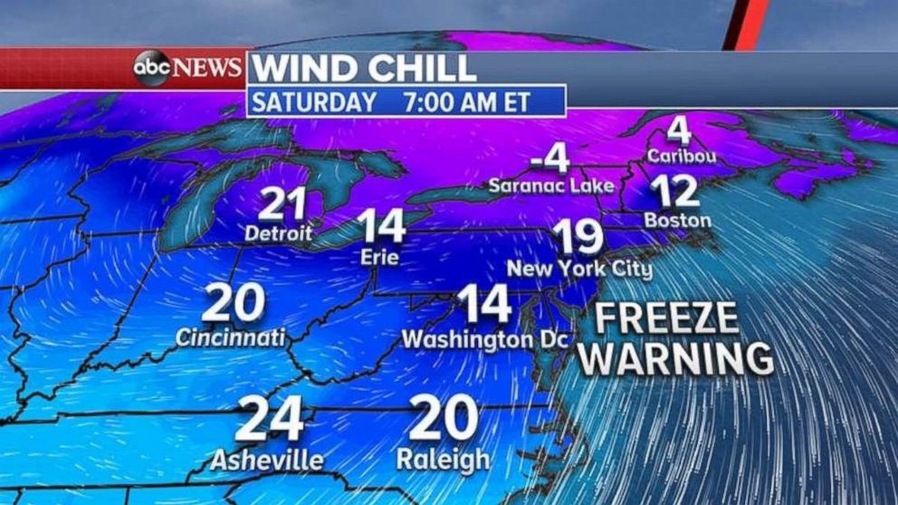Wind chill temperatures will be in the teens across most of the Northeast on Saturday, Nov. 11, 2017.