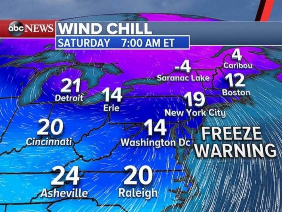 Wind chill temperatures will be in the teens across most of the Northeast on Saturday, Nov. 11, 2017.