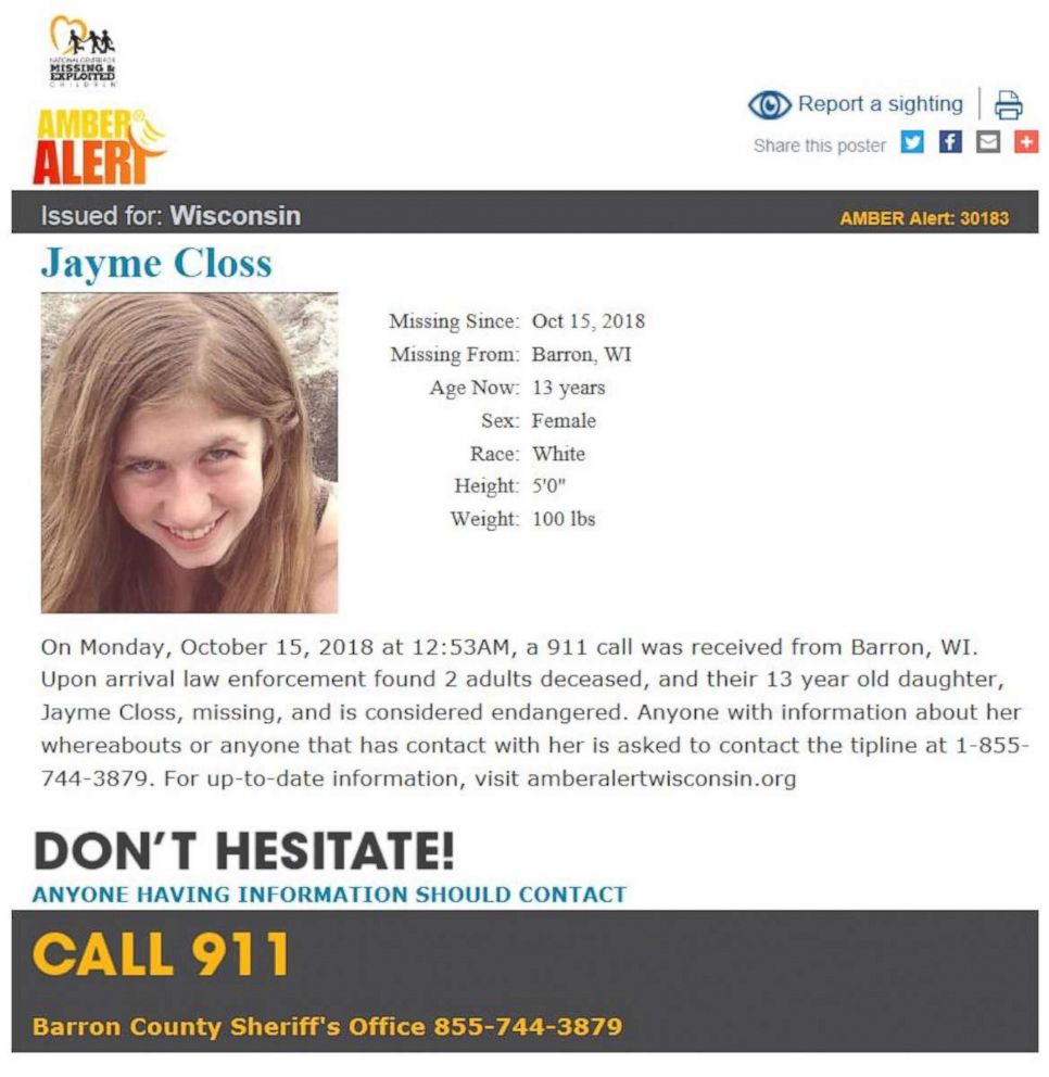 PHOTO: Police declared Jayme Closs, of Wisconsin, "missing and endangered" after finding her parents dead on Monday, Oct. 16, 2018.