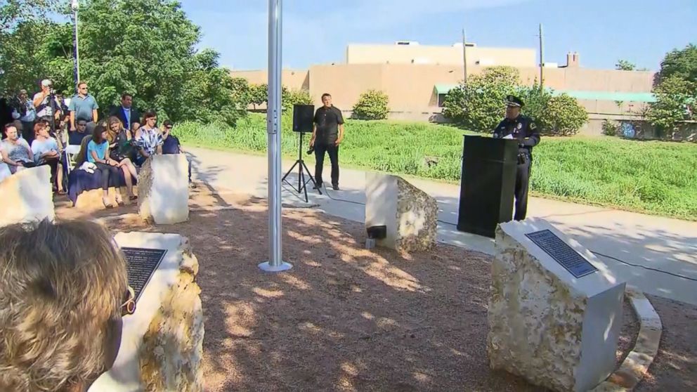 PHOTO: On Thursday, July 6, 2017, at 9:00 a.m., a private donor will unveil a memorial in honor of the four Dallas police officers and one Dallas Area Rapid Transit officer who lost their lives on July 7, 2016. 
