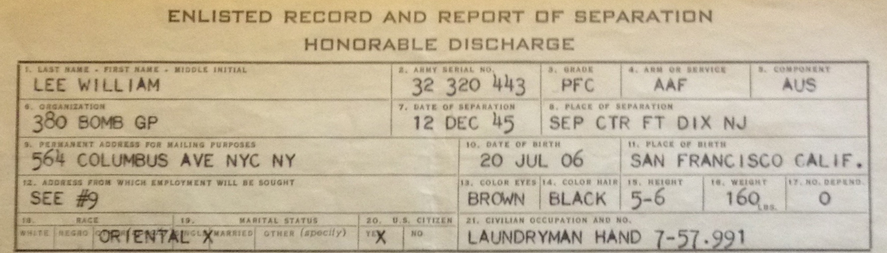 PHOTO: The U.S. military record of honorable discharge for Nick Lee's grandfather, William Lee, after his service in World War II. Asians were then described as "Oriental." -