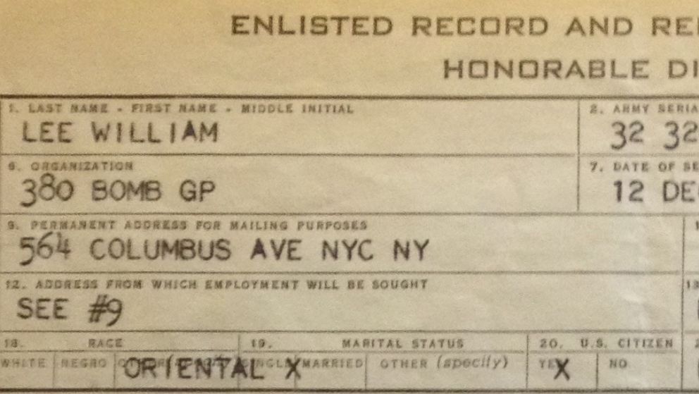 PHOTO: The U.S. military record of honorable discharge for Nick Lee's grandfather, William Lee, after his service in World War II. Asians were then described as "Oriental." -