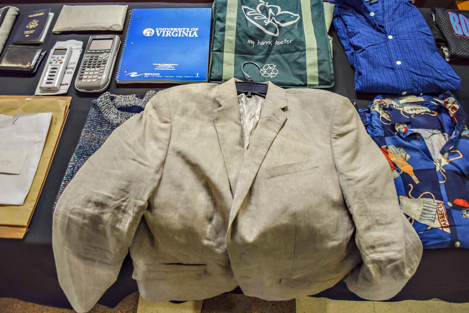 PHOTO: Otto Warmbier's belongings from his trip to North Korea, including the jacket he wore, were displayed at the funeral service for Warmbier at Wyoming High School in Wyoming, Ohio, June 22, 2017. 
