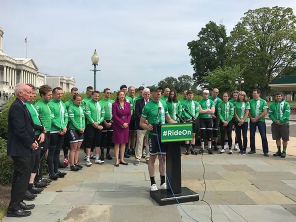 PHOTO: Members of Team 26 attend a kick-off rally at the U.S. Capitol, May 4, 2017, as they begin their 400-mile ride to Newtown, Conn., to honor victims of gun violence. 