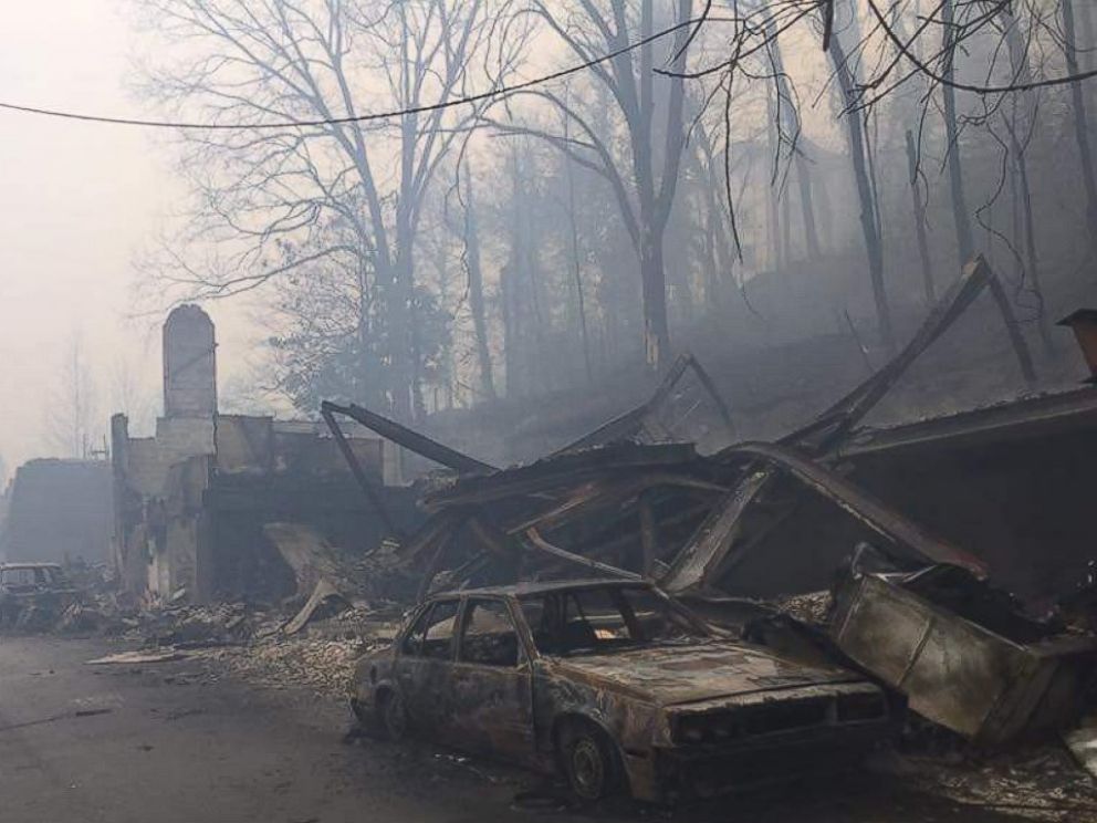 PHOTO: Wildfire damage is seen in the Great Smokey Mountains, Tennessee, Nov. 29, 2016. 