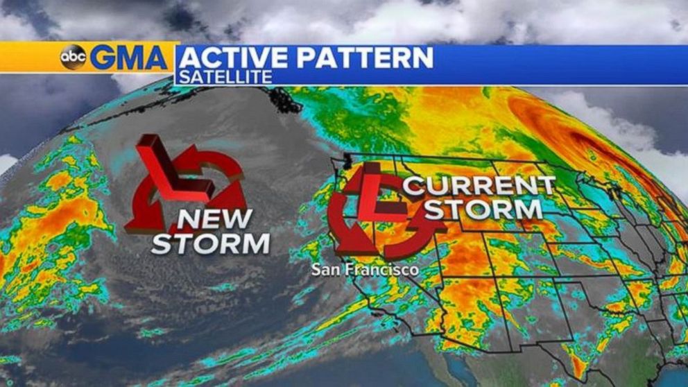 PHOTO: A satellite image shows the current status of the storm over California and a new storm moving in, Jan. 11, 2017.