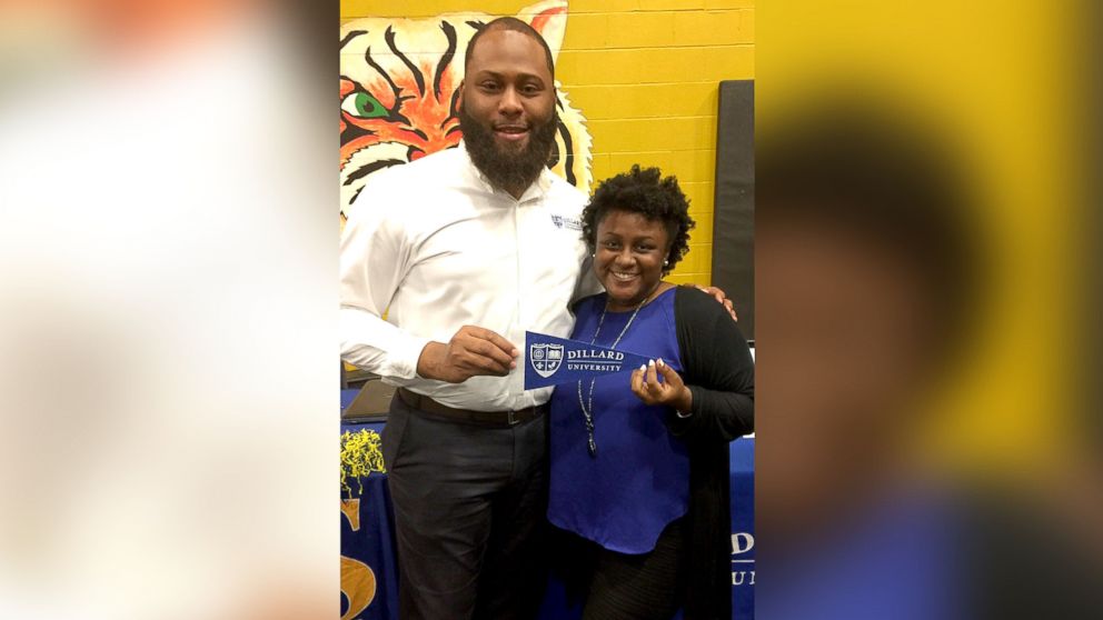 PHOTO: Whitehaven High School senior, Zariah Nolan, poses with Dillard University admissions counselor, Christopher Stewart, after making a decision to attend the historically black college in the fall.