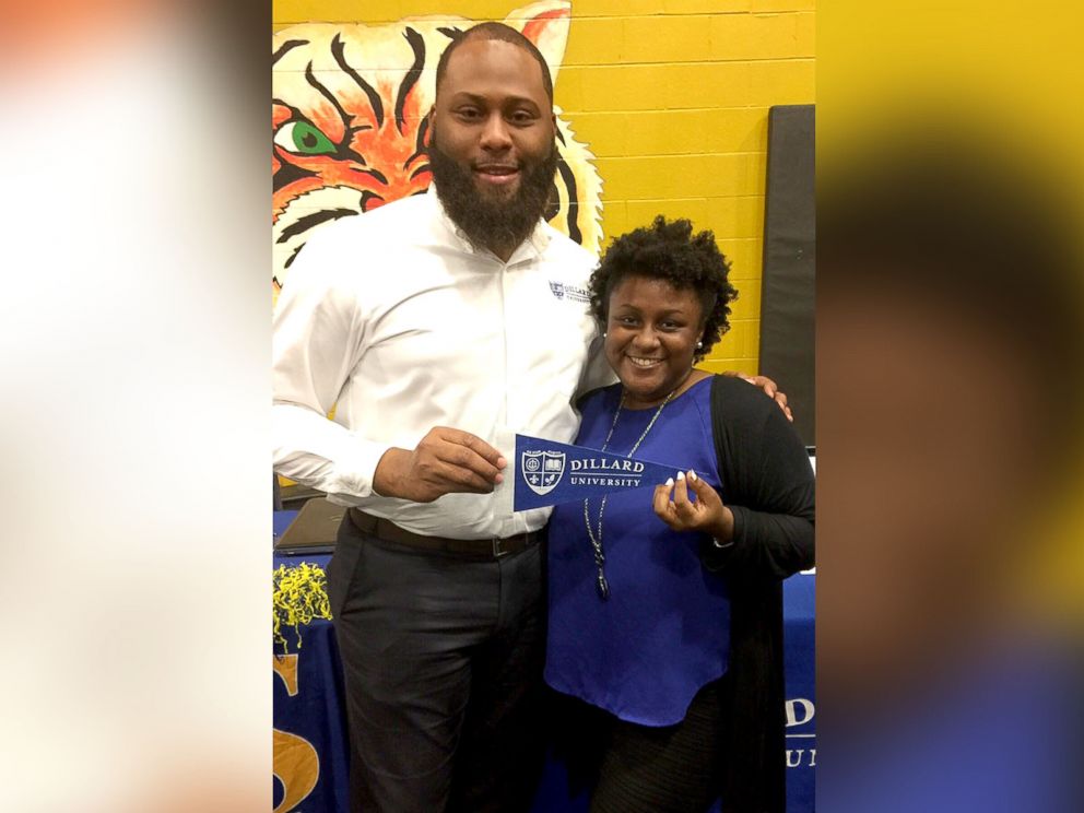 PHOTO: Whitehaven High School senior, Zariah Nolan, poses with Dillard University admissions counselor, Christopher Stewart, after making a decision to attend the historically black college in the fall.