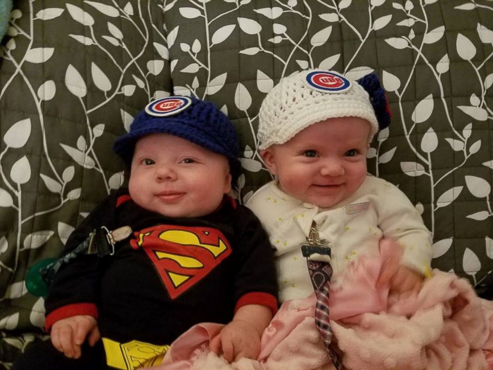 PHOTO: Four-month-old twins Clark and Addison, named after the intersection near Wrigley Stadium, have been dubbed the good luck charms of the Chicago Cubs. 
