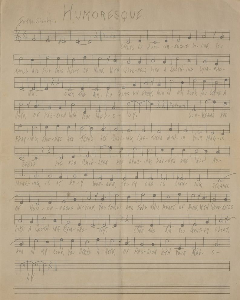 PHOTO: Handwritten musical manuscript of 'Humoresque,' unsigned, written in pencil by Al Capone, while at Alcatraz, on an off-white 9.5 x 12.55 musically lined sheet.