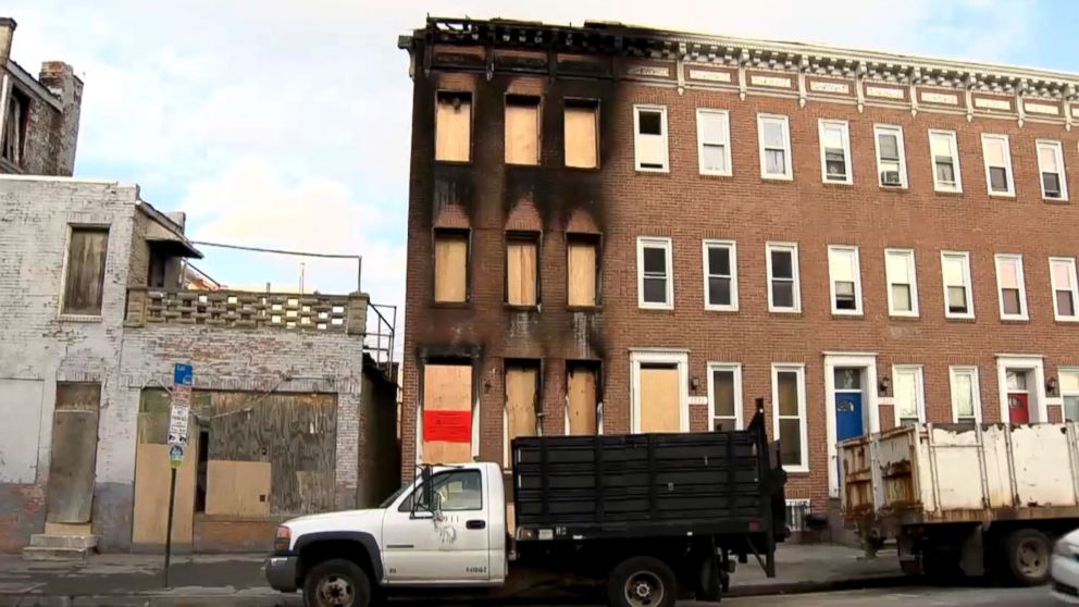 PHOTO: Damage from an alleged firebombing is seen here in Baltimore.