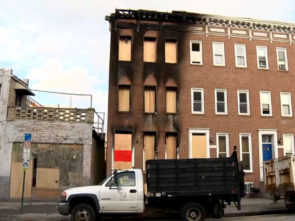 PHOTO: Damage from an alleged firebombing is seen here in Baltimore.