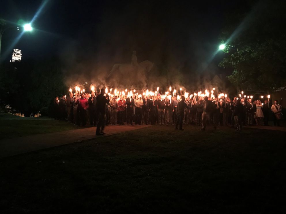 PHOTO: Torch-wielding protesters gathered at Lee Park in Charlottesville, Va., Saturday night, May 13, 2017.