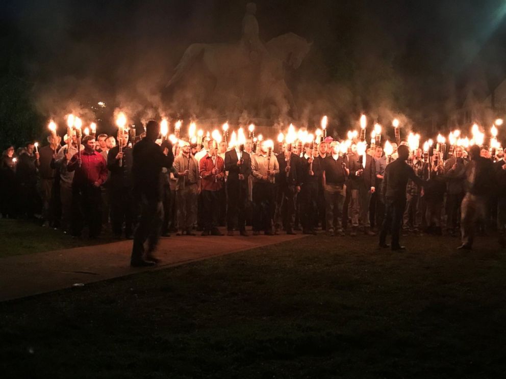 PHOTO: Torch-wielding protesters gathered at Lee Park in Charlottesville, Va., Saturday night, May 13, 2017.