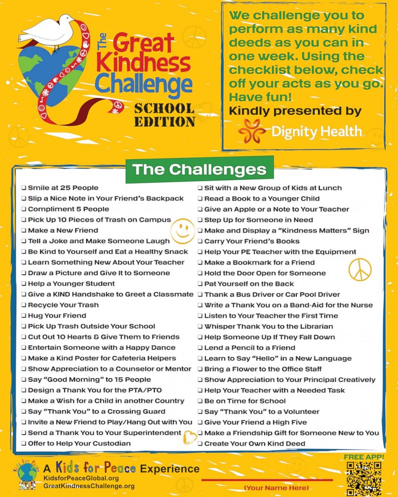 PHOTO:  The "Great Kindness Challenge," sponsored by the non-profit group "Kids for Peace," challenges children to perform as many acts of kindness, from a list of over fifty acts, as possible over the course of a week. 