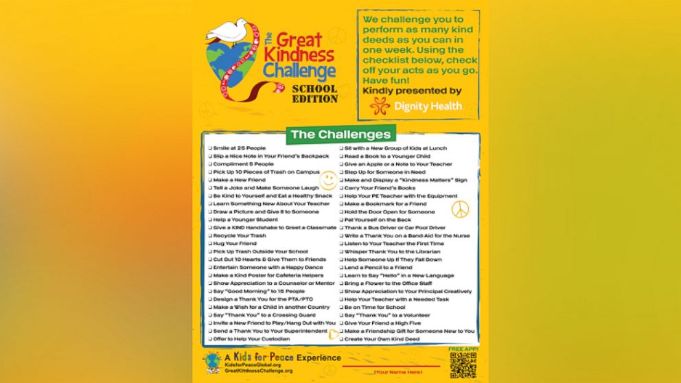 PHOTO:  The "Great Kindness Challenge," sponsored by the non-profit group "Kids for Peace," challenges children to perform as many acts of kindness, from a list of over fifty acts, as possible over the course of a week. 
